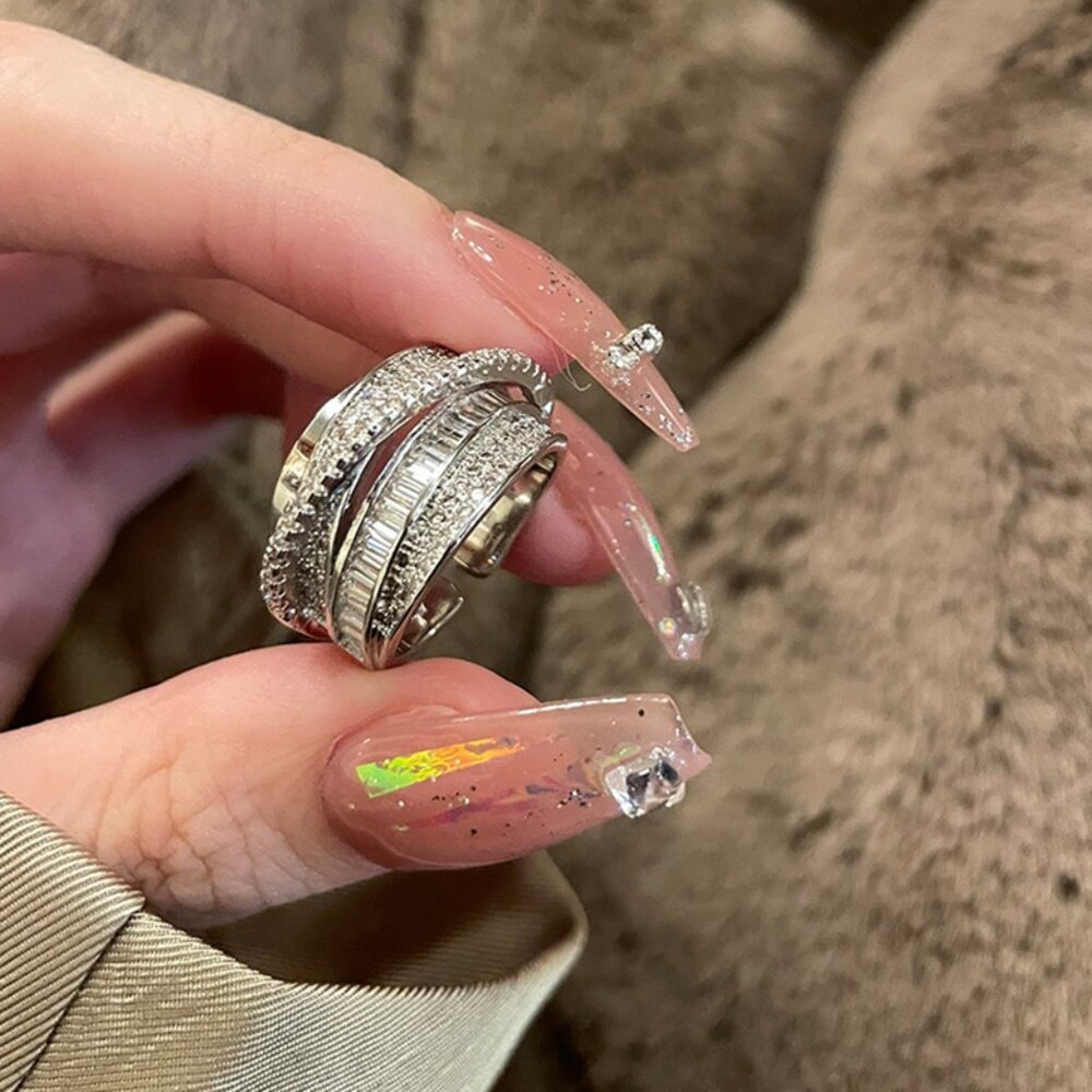 Silver CZ Statement Ring Size 6.5 Layered Crystal Band Ring Fashion Jewelry